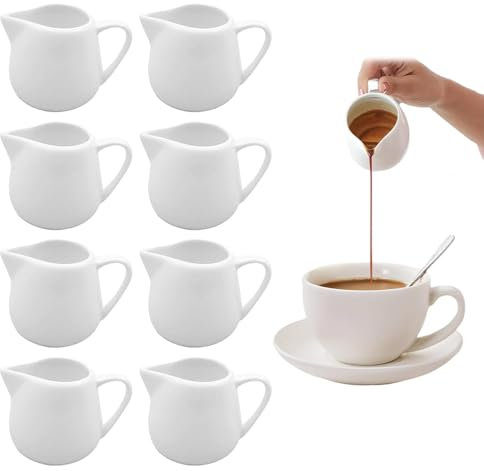 KUWUNG 8 PCS Small White Ceramic Milk Jugs, 110 ml with Handle, Anti-drip Spout, Classic Style, Perfect for Coffee, Tea, Cream, Sauce