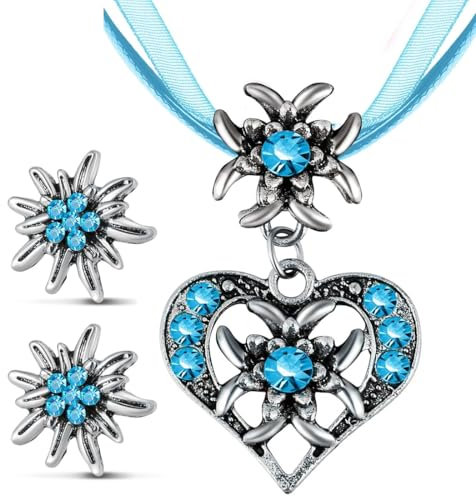 GXGM 3-teiliges Oktoberfest Deko Trachtenschmuck Set für Damen: Bayerisch Dirndlschmuck Trachtenkette mit Strass Edelweiß Herz Anhänger und Edelweiß Ohrstecker (Blau)