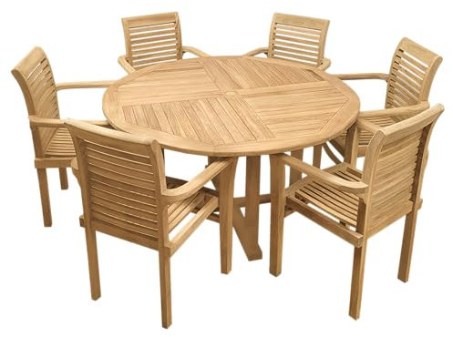 Endorphin Gartenmöbel Set Holz - 7-teilig - unbehandeltes Teakholz - 1 Tisch + 6 Stühle stapelbar - Gartentisch Wetterfest für Außen - Gartengarnitur Set