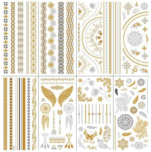 NJCXOLA Tatouages Temporaires 8 feuilles, Autocollants Métalliques Étanche Dorés Faux Tatouages, Tatouage Ephemere Femme pour enfants adultes hommes et femmes Résistant Eau et Sueur, Non Toxique