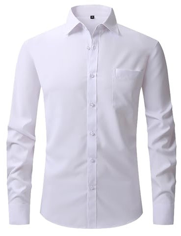 hehiy Chemise à manches longues pour homme - Coupe droite - Infroissable - Infroissable - Costume formel - Avec poche - Haut à manches longues - Avec col grand-père, D-blanc, M
