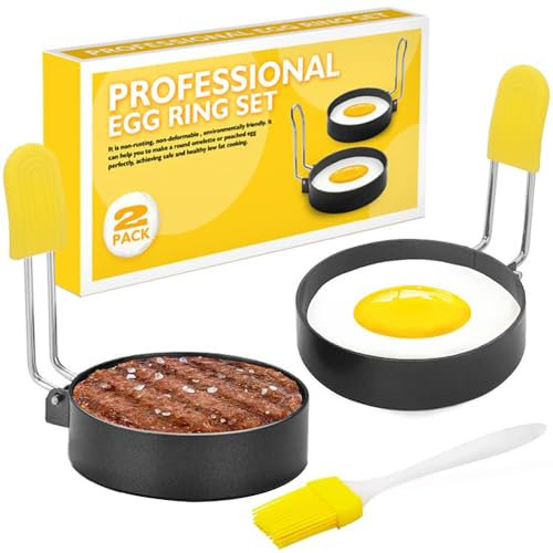 Fonyiunce 2 Pièces Anneau à Oeuf, Anneaux d'oeuf en Acier Inoxydable, avec Poignées Pliantes, avec brosse et couvercle en silicone anti-brûlure,pour Oeufs au Plat, Omelettes,avec Brosse en Silicone