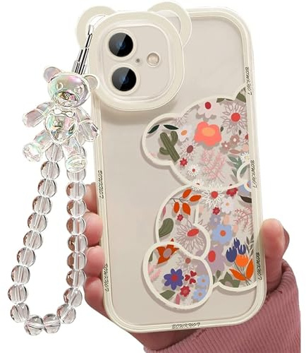 Jusy Kompatibel mit iPhone 16 Hülle, Süße Blumen Floral Bär Abdeckung mit Schöner Handgelenkschlaufe Armbandkette für Mädchen Frauen, Klare Kawaii Kamera Schutz Hübsche Trendige Telefonhülle