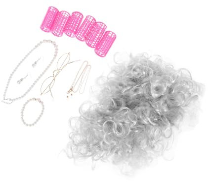 CRILSTYLEO 1 Satz Graue Oma-perücke Mit Lockenwicklern Kostümzubehör Für Alte Damen Inklusive Brille Und Kette Für Cosplay Und Auftritte