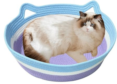 Tokaneit Rotonda per Animali Domestici Cestino in Rattan, Cuccia per Gatti Intrecciata, Tappetino Antigraffio, Cotone Lavabile, Semplice Design Traspirante, Colori Visibili ai Gatti