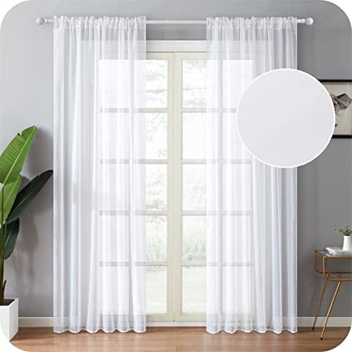 Topfinel Voile Vorhang Weiss Gardinen Wohnzimmer Haltransparent Gardienen Schals 235 cm Lang Schlaufenschal 140 cm Breit, 2er Set, Rod Pocket, Tunnelzug