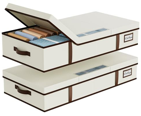 LAMU 2 Pack Under Bed Storage, Large Fabric Underbed Storage Boxes with Lid, Foldable Stackable Storage Box with Clear Window & 4 Handles for Clothes, Blanket, Shoes, Beige, 80 * 40 * 15cm