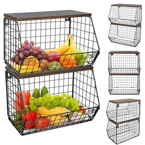 OHMG 2 Panier a Fruit,Panier Corbeille a Fruit Murale pour la Cuisine,Empilable Panier Rangement pour Fruit Basket,Corbeille en Métal pour Ranger les Fruits et les Légumes