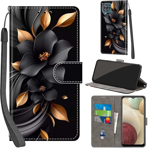 PHINIENLAND Handyhülle für Samsung Galaxy A12 / M12 / F12 Hüllen Premium Leder Case Klappbar Wallet Magnet Kartenfach Standfunktion Schutzhülle kompatibel mit Samsung A12 Cover,Blumen