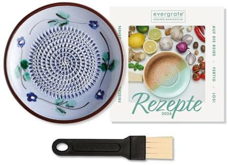 evergrate Keramikreibe im Motiv Flora mit Küchenpinsel und Rezeptheft