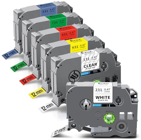 Exsun 6er-Pack Kompatibel Tze 12mm 0,47 Etikettenband als Ersatz für Brother TZe-131 TZe-231 TZe-431 TZe-531 TZe-631 TZe-731 für Brother Ptouch PT-H105 PT-H110 PT-H200 PT-H107B PT-D410 PTH100R P710BT