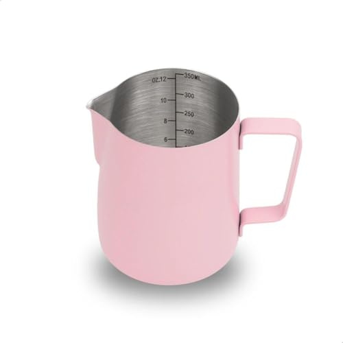 watchget 12oz Milk Frothing Pitcher Stainless Steel Espresso Steaming Jug | Clear Internal Scale, Milk Coffee Cappuccino Latte Art Barista Steam Pitchers,Barista Coffee Bar Accessories, 350ml, Pink
