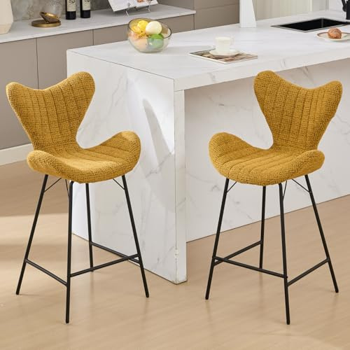 chairus 2PCS Taburetes de Bar con Respaldo Diseño, Amarillo | Tejido de Chenilla, Respaldo de alas de mariposa, Estructura de Hierro Negro