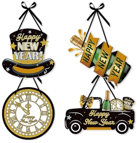 Lonrtesw Happy New Year Sign 4Pcs Door Hanger New Year Door Decor Sign New Year'S Eve Wreath Hanging Sign Easy Install Easy to Use
