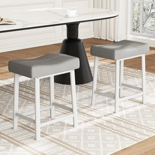 Bar Stools Set of 2, 61cm/24 Kitchen Counter Short Bar Stool with Footrest, PU Leather Dining Chair Backless with Thick Cushion & Sturdy Metal Frame, Easy Assembly Under Breakfast Island - grey