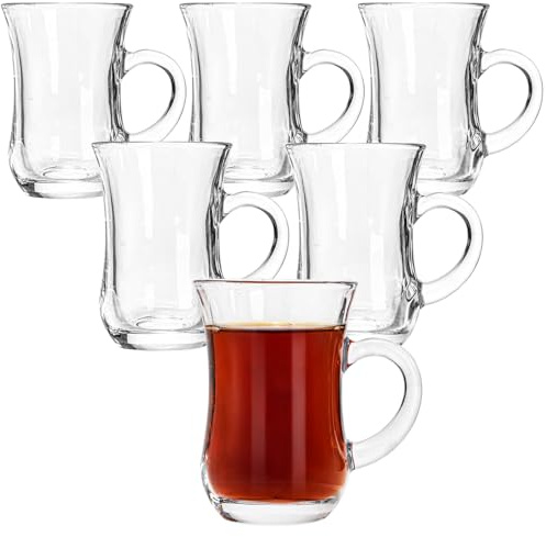 Suwimut Set of 6 Turkish Tea Glasses With Handle, Slim Waist Design and Thick Sole Prevent Tea from Getting Cold, 5 oz Small Clear Teacup Set Glass Coffee Cups for Espresso Coffee, Hot Chocolate