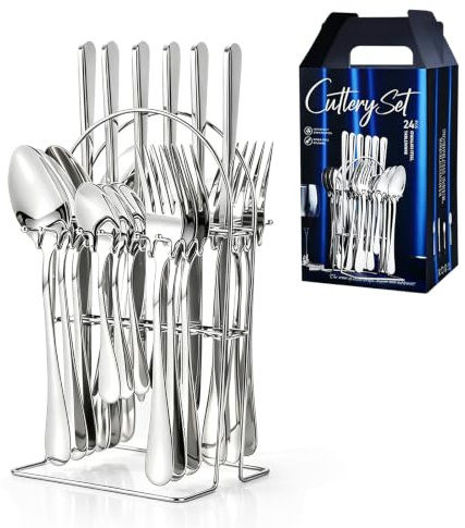 24 Pieces Flatware Set, Stainless Steel Utensils Cutlery Set Modern Eating Tableware Set with Holder Includes Dinner Forks Spoons Hanging Silverware Set Service for 6 Person