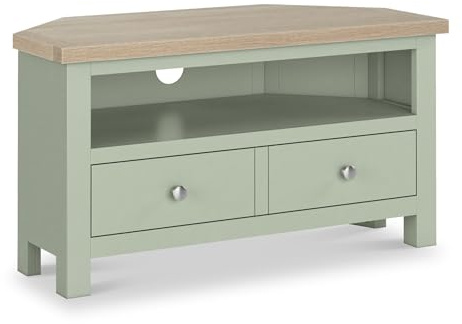 RoselandFurniture Farro Sage Green 90cm Corner TV Unit for Living Room | Fully Assembled, Television Cabinet with Washed Oak Top, Suitable for 40 Inch Screen, Farmhouse Style, H48cm W90cm D44cm