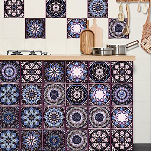 Carrelage Adhesif Mural Cuisine Mandala Violet Rose Crédence Adhésive Cuisine Imperméable PVC Stickers Carrelage pour Salle de Bains Armoires Cheminée Meubles 15x15cm /10 Pièces