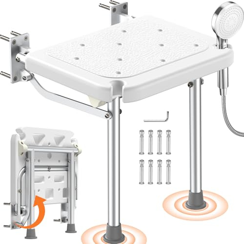 Luckfaith LC13 Sedile Doccia Ribaltabile a Parete – Sedia Doccia Pieghevole con Gambe di Supporto fino a 158 kg, Seduta Antiscivolo per Anziani, Disabili e Persone con Mobilità Ridotta