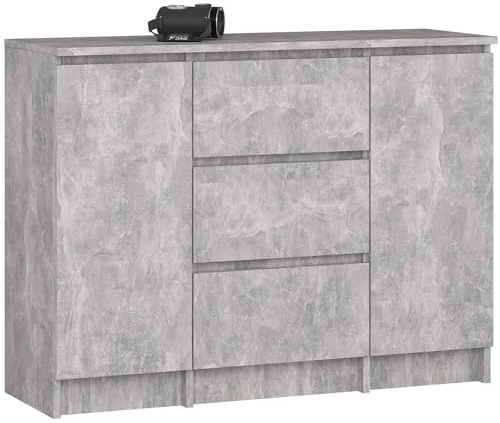 MILORD Kommode K100 mit 3 Schubladen, Schrank mit 2 Tür 4 Regalböden, Für das Wohnzimmer Schlafzimmer, Moderne, 16mm Laminierte Platte, B101xH76xT35 cm (Beton)