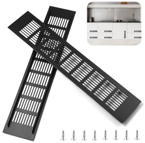 Dshunnc Rejilla de ventilación rectangular (2 unidades, 40 x 8 cm, aluminio, con 8 tornillos, para zapatero, salón, baño, cocina, frigorífico), color negro