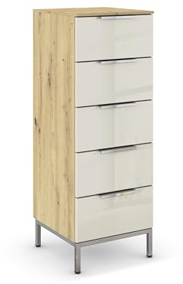 Rauch Möbel Flipp, Kommode, Farbe Glas Beige/Eiche Artisan, Breite 40 cm | Sideboard, 5 Schubladen, Glasfront, Soft-Close, Griffe, Metallkufe Chrom, für Schlafzimmer, Gästezimmer, Wohnzimmer