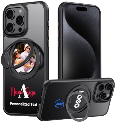 Personalisierte Schutzhülle für iPhone 15 Pro Max, Logo/Foto mit Initialnamen Monogramm, magnetisch, um 360° drehbarer Ringständer, militärischer Schutz, rutschfester Griff, kompatibel mit MagSafe