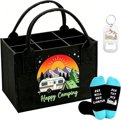 Camper Geschenke Set, 3 Stück Camping Zubehör, Camping Deko enthalten Männerhandtasche für Bier, Lustige Socekn,Bieröffner mit Wohnwagen Muster, Bier Geschenke für Männer,Papa,Kumpel,Bruder