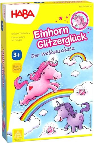 HABA Einhorn Glitzerglück: Der Wolkenschatz – Würfel- & Sammelspiel mit 60 Glitzerkristallen für 2-4 Spieler ab 3 Jahren, Geschenk für Einhorn-Fans – 2011190001