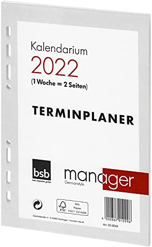 bsb Ersatzeinlage Kalendarium 2022 - Größe: circa A5 - 1 Woche = 2 Seiten - 6-Fach Lochung - für bsb Manager Terminplaner Organizer