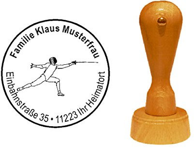 Stempel Adressenstempel Motivstempel « FECHTEN » Durchmesser ca. Ø 40 mm - mit persönlicher Adresse und Motiv - Degen Fechtkampf Säbel Sport