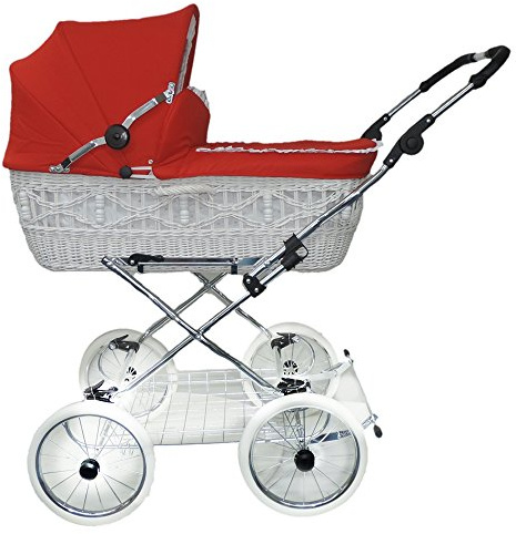EICHHORN Kinderwagen Weidenkorb - Kinderwagen aus echter Weide, handgeflochten, Korb Weiß, Stoff Rot