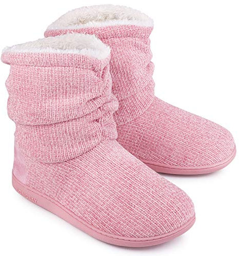 LongBay Damen Stiefel Hausschuhe Chenille Strickwarme mit Memory Foam Weiches Fleece Booties