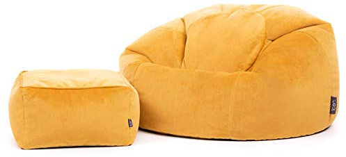 icon Kingston Velvet Bean Bag with Footstool, Navy Blue, Large Adult Bean Bag Chair with Filling Included, Accent Chair, Pouffe Footstool, Living Room, Living Room Furniture, Bedroom Furniture