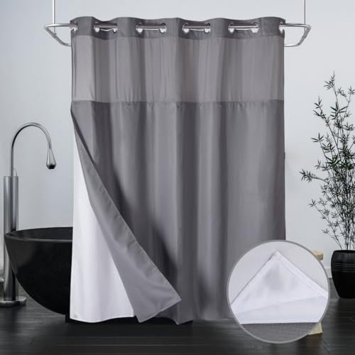 Ecoehoe Extra langer 180 x 200 cm grauer Waffelstoff, Hakenfreier Duschvorhang mit herausnehmbarem Polyester-Futter, schweres Gewicht