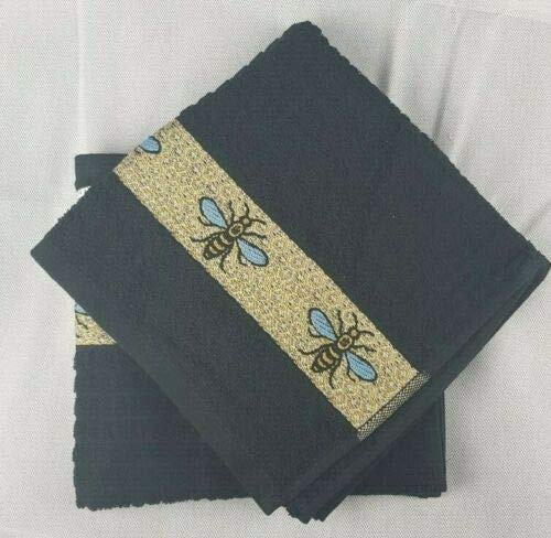 Sue Rossi Ltd 100% Cotton Tea Towels Embroidered Animal Cooks Cloth Luxury 3 Pack Kitchen Towel Set (Black Worker Bee)