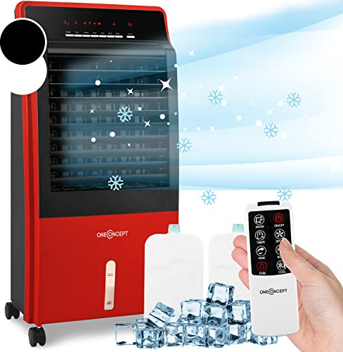OneConcept Luftkühler mit Wasserkühlung, 4-in-1 Verdunstungskühler, Luftbefeuchter, Ventilator & Nachtmodus, Mobile Klimageräte Luftkühler mit 8L Tank, 2x Kühlakku, 65 W Air Cooler, 360 m³/h Luftstrom