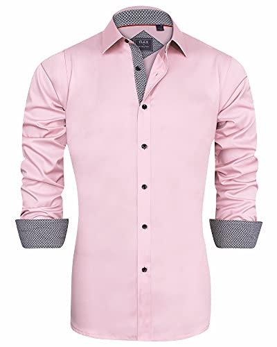 J.VER Herren Hemd Regular Fit Langarm Herrenhemden Freizeithemd Regular Businesshemd Elastiscer Musterhemd,Rosa,XL