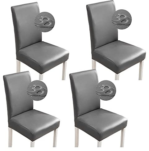 Bestenrose Stuhlhussen 6er/4er PU Leder Stuhlbezug wasserdichte Stretch Esszimmer Stuhlüberzug Stretch Stuhl Husse Universell Stuhlhussen Haus Büro Restaurant (4-Stück, Grau)