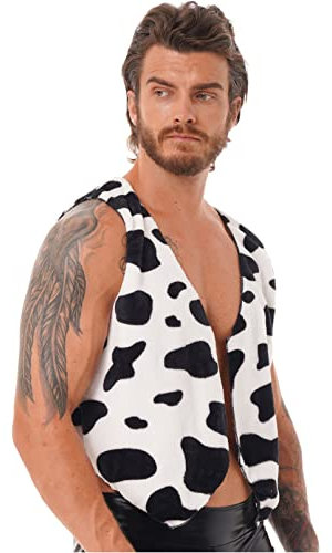 dPois Herren Cowboy Weste Ärmellos Jacke Oberteil Kuh Muster V-Ausschnitt Weste Offene Vorne Flanell Top Männer Halloween Fasching Cosplay Kostüm Schwarz L