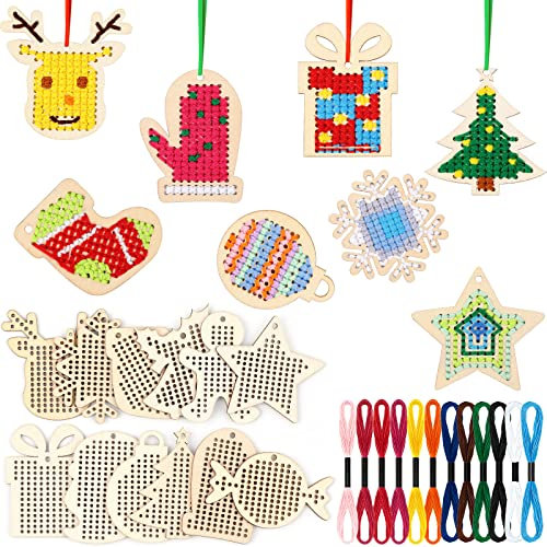 Blulu 24 Pezzi Kit Punto Croce in Legno Natalizio Ornamenti per Albero di Natale a Punto Croce Decorazioni da Appendere Arti per Principianti Progetto Fai da Te