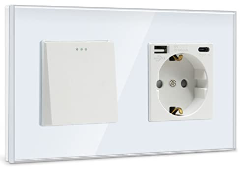 BSEED Interruptor con Enchufe Blanco,1 Gang 1 Vía interruptor pared+16Amp Schuko Enchufe con 1 Puerto Tipo C y 1 Puertos USB,16Amp Interruptor de luz de botón pulsador