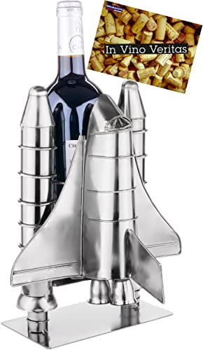 BRUBAKER Weinflaschenhalter Raketenstart - Space Shuttle Metall Skulptur Flaschenständer Rakete Raumfähre - Silber Metallfigur Weingeschenk für Raumfahrt und Weltall Fans mit Grußkarte