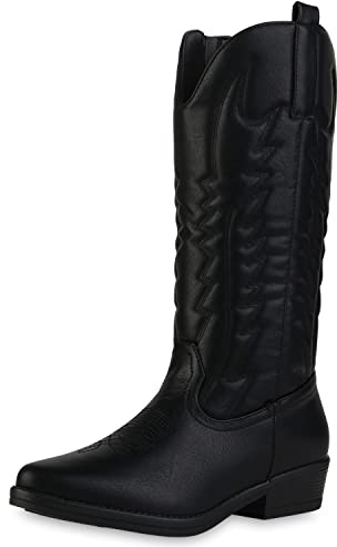 VAN HILL Damen Leicht Gefütterte Cowboystiefel Stiefel Blockabsatz Schuhe Stickereien Boots Spitze Western Freizeitschuhe 207001 Schwarz 38