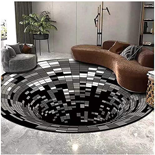 Giural 3D-Teppich mit optischer Täuschung, runder Flächenteppich, schwarzer Loch-Stereoteppich, Illusions-Flanellteppiche, schwarz-weißer, ultraweicher, Rutschfester Teppich,63 inches