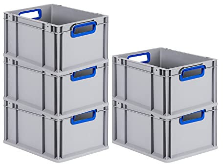 PROREGAL SuperSparSet 5x Eurobox NextGen Color | HxBxT 22x30x40cm | 20 Liter | Griffe blau offen | Glatter Boden | Eurobehälter, Transportbox, Transportbehälter, Stapelbehälter
