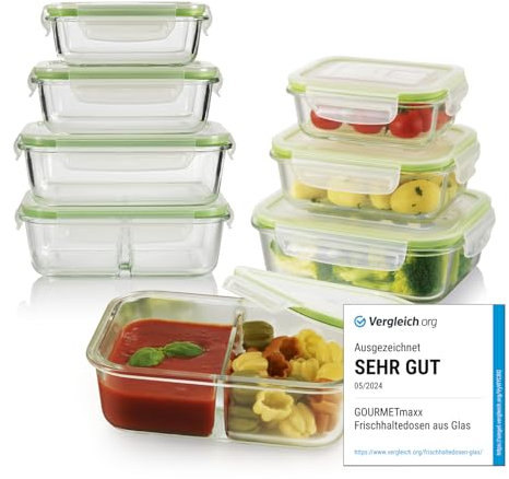 GOURMETmaxx Glas-Frischhaltedosen Klick-it 8er Set | Als Brotdose oder für Meal Prep | Spülmaschinen- Mikrowellen- und Gefrierschrankgeeignet | Aufbewahrungsbox mit Deckel mit Silikon Dichtungsring