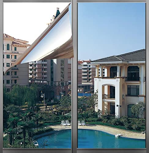 One Way Window Film Sun Blocker UV Window Film Blackout Window Tint Film Mirror Effect Film Conservatory Roof Covering Solar Film Static Cling (Blue Silver, 44.5x200 cm)