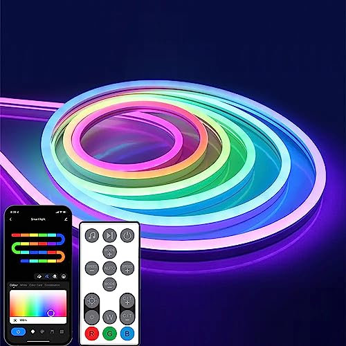 YSRSAI Neon LED Strip, RGBIC Neon LED Streifen funktioniert mit Alexa und Google, mit App-Steuerung,IR Fernbedienung DIY-Funktion, Musik Sync, Neon Lichtband für Schlafzimmer,Wand Deko(RGBIC 5M KIT)